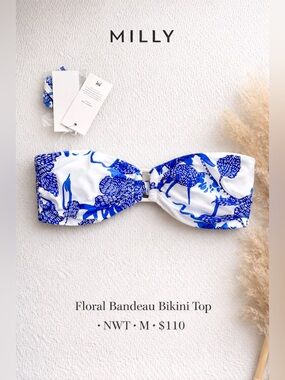 Milly Brushstroke Floral Bandeau Bikini Top Blue White Size M NWT